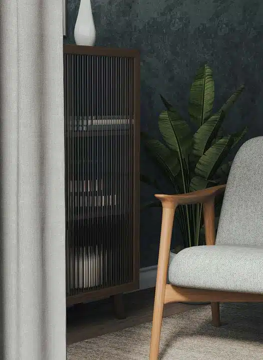 Armchair, cabinet, and plant.