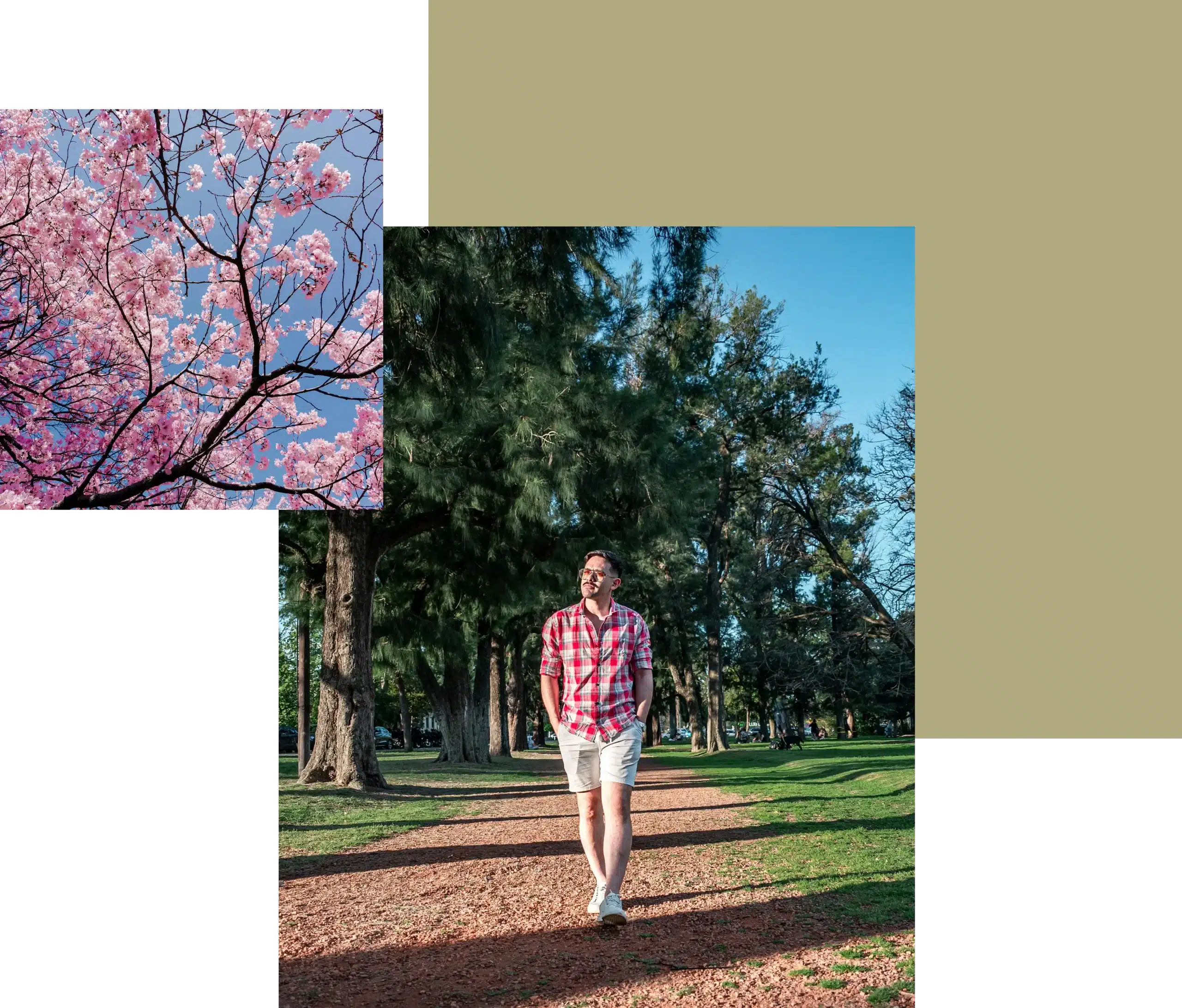 Man wearing a red plaid short sleeve shirt and white shorts walking down a dirt path in a sunny park with tall trees.